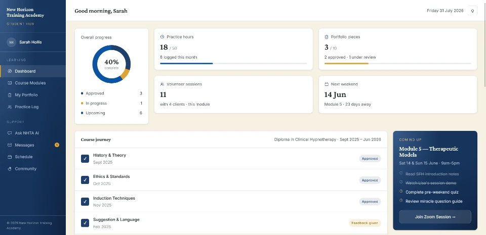 The NHTA Student Hub dashboard